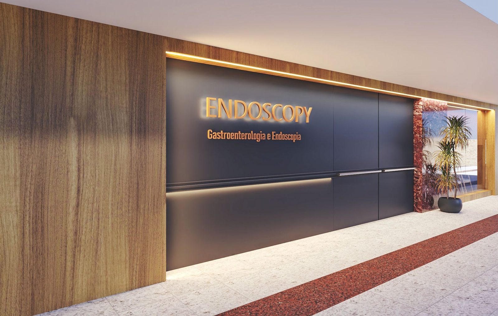 Fachada da nova unidade da Endoscopy, com painel escuro, letreiro dourado e jardim vertical
